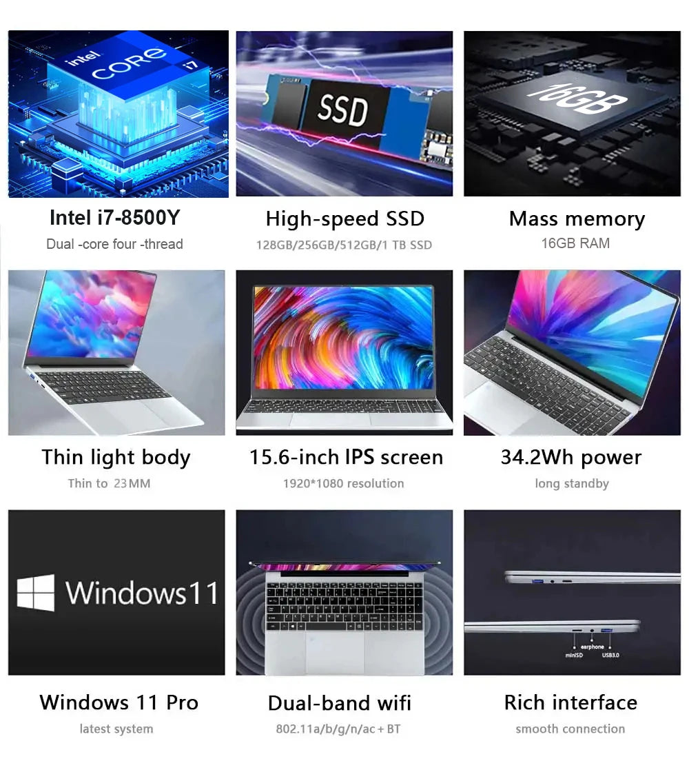 15.6 inch Laptops Office Fingerprint Unlock Notebook 16GB 1TB Windows 11 Pro Gaming Laptops Computer Intel i7-8500Y Notebook PC