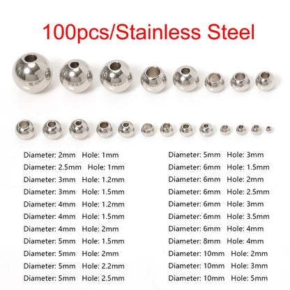 100 cuentas de acero inoxidable de 3 a 10 mm para hacer joyas, cuentas espaciadoras sueltas con agujero de bola de 1,2 a 5 mm para pulseras, componentes de joyería DIY