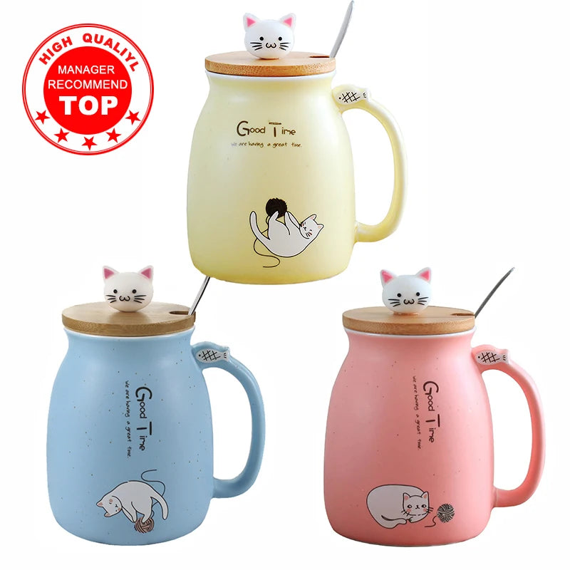 Taza creativa resistente al calor con forma de gato de colores, taza de dibujos animados de 450 ml con tapa, taza de cerámica para café con gatito, taza para niños, taza para beber de oficina, regalo