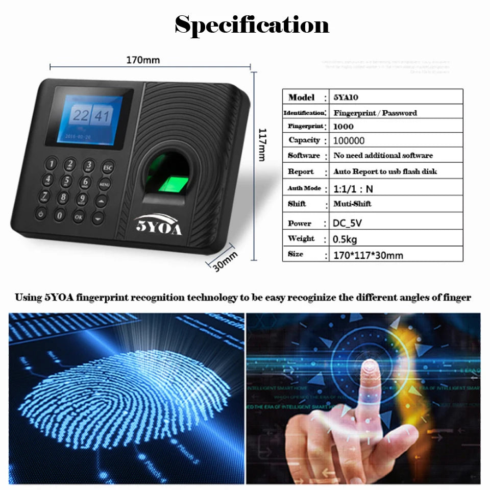 Sistema de máquina biométrica de asistencia con huellas dactilares, teclado para empleados, reloj de tiempo eléctrico, grabadora de datos USB