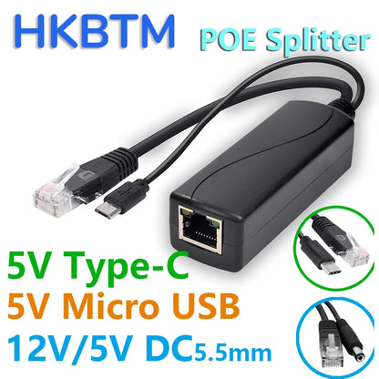 HKBTM POE Splitter 48V To 5V 12V Micro USB tpye-C BarrelJack  Power Supply for Huawei for Hikvision for Bobcat for Raspberry Pi