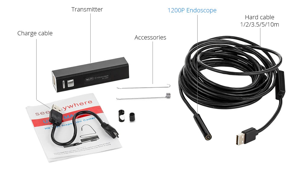 KERUI 1200P/720P WiFi Endoscope Waterproof Inspection Snake Mini Camera USB Borescope for Car for Iphone & Android Smartphone