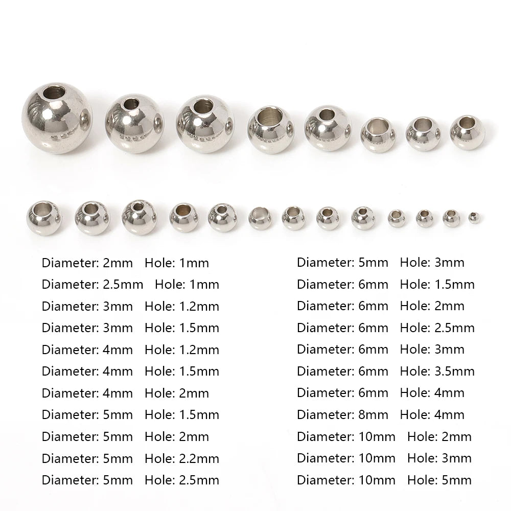 100pcs 3-10mm Stainless Steel Beads for Jewelry Making Loose Spacer Beads Ball Hole 1.2-5mm for Bracelets Jewelry Components DIY