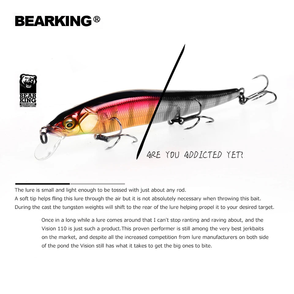 BEARKING 11cm 14g Señuelos de pesca duros superiores Cebos de calidad Minnow Wobblers Buena acción Aparejos de pesca profesionales artificiales