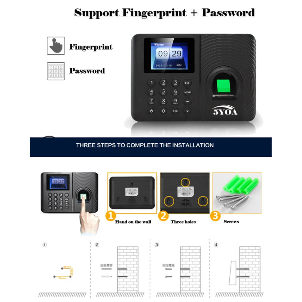 Sistema de máquina biométrica de asistencia con huellas dactilares, teclado para empleados, reloj de tiempo eléctrico, grabadora de datos USB