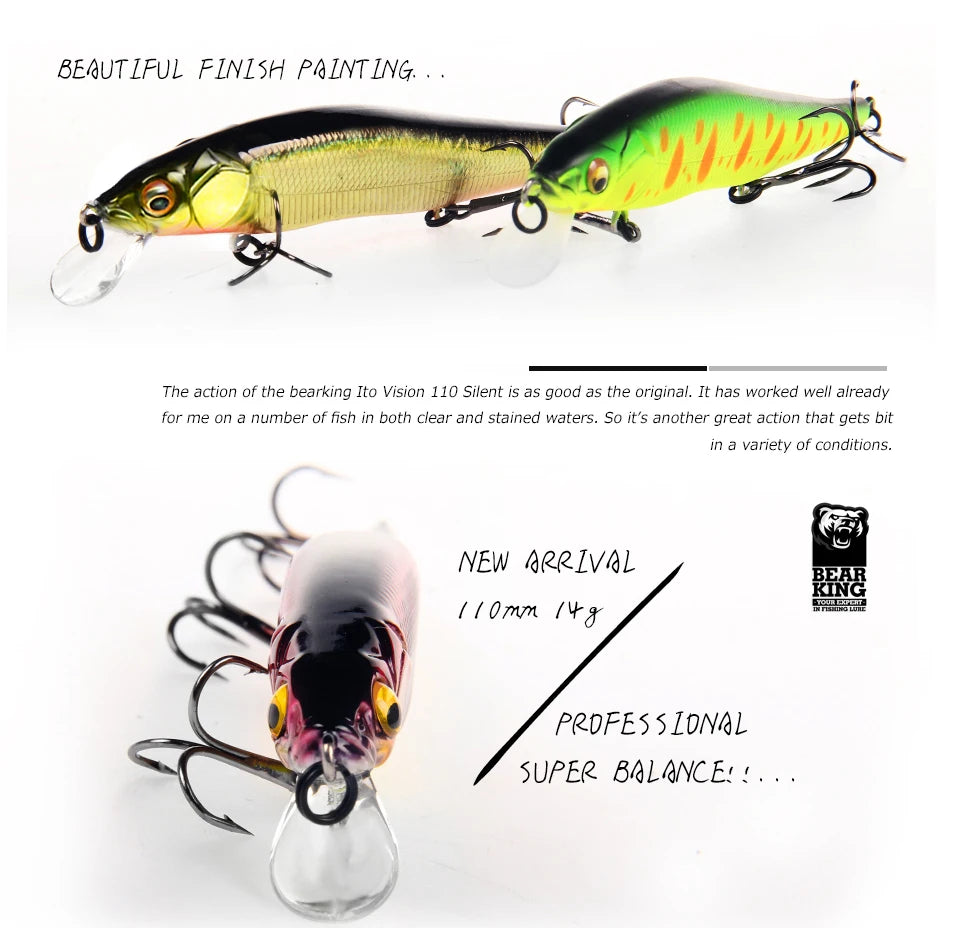 BEARKING 11cm 14g Señuelos de pesca duros superiores Cebos de calidad Minnow Wobblers Buena acción Aparejos de pesca profesionales artificiales