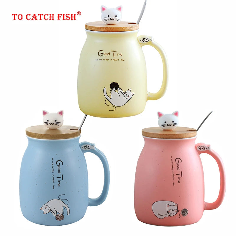 Taza creativa resistente al calor con forma de gato de colores, taza de dibujos animados de 450 ml con tapa, taza de cerámica para café con gatito, taza para niños, taza para beber de oficina, regalo