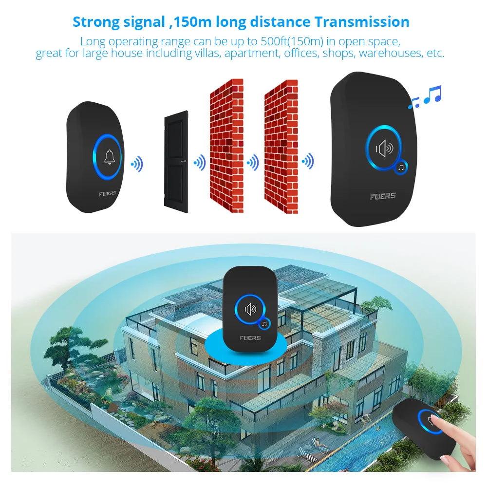 Timbre inalámbrico Fuers Home Welcome Timbre inteligente de 150 m de distancia inalámbrica 32 canciones Tono de llamada de timbre de bienvenida al hogar colorido