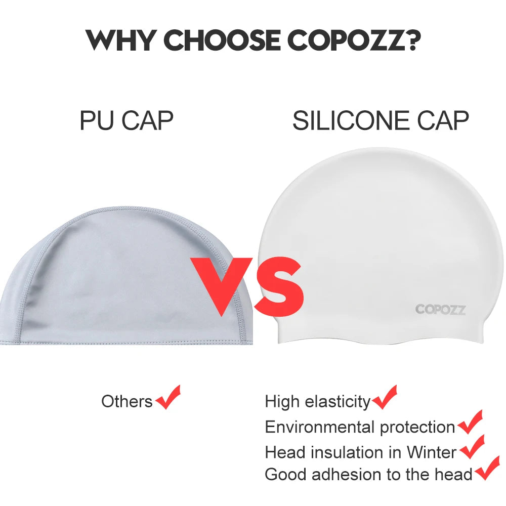 Copozz Elastic Silicon Rubber Waterproof Protect Ears Long Hair Sports Swim Pool Hat Large Size Swimming Cap for Men Women Adult