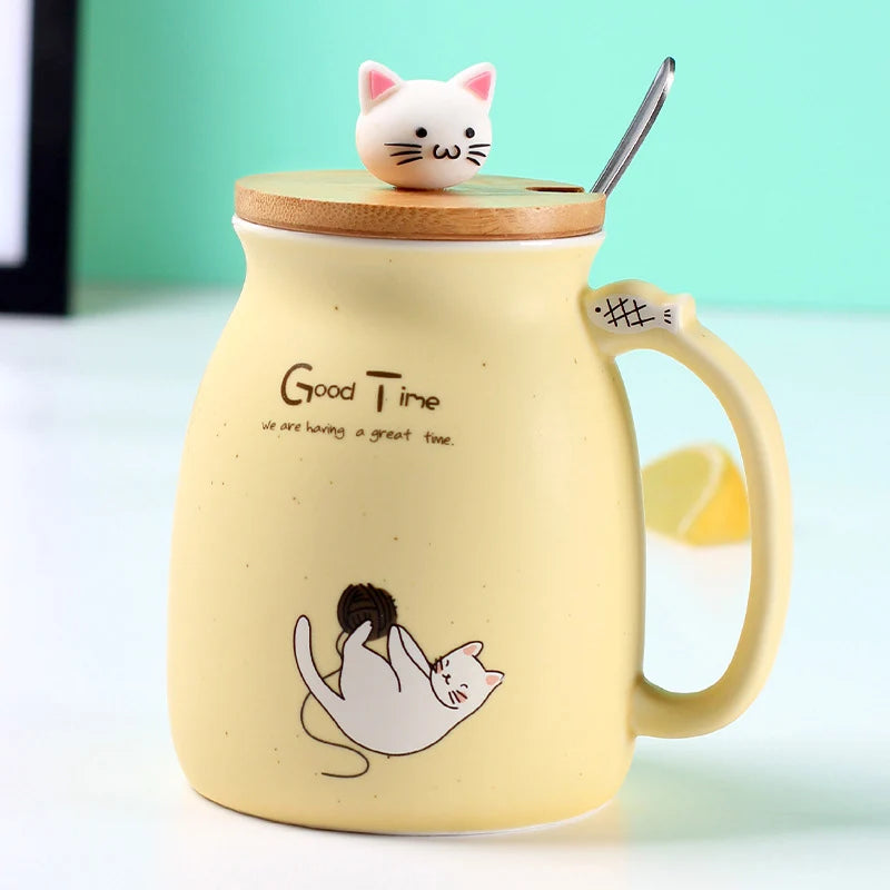 Taza creativa resistente al calor con forma de gato de colores, taza de dibujos animados de 450 ml con tapa, taza de cerámica para café con gatito, taza para niños, taza para beber de oficina, regalo