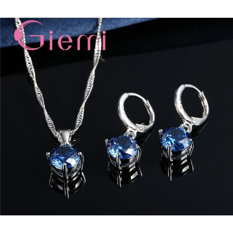 925 Sterling Silver Pendant Necklace Earrings For Women Engagement Fashion Jewelry Set Trendy Austrian Crystal Wholesale