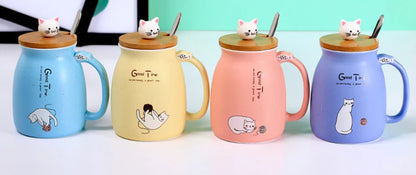 Taza creativa resistente al calor con forma de gato de colores, taza de dibujos animados de 450 ml con tapa, taza de cerámica para café con gatito, taza para niños, taza para beber de oficina, regalo