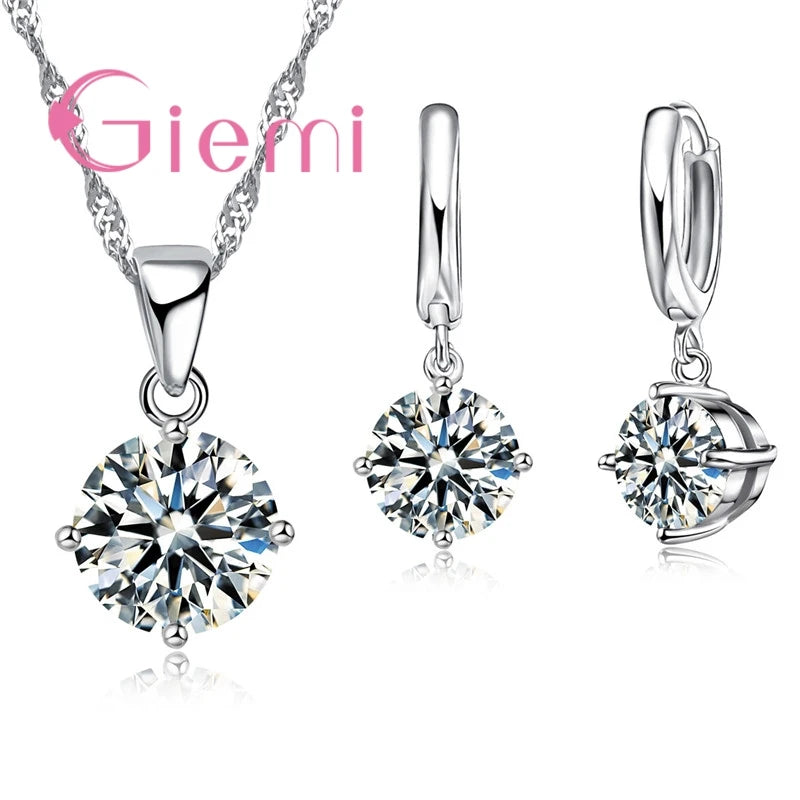 925 Sterling Silver Pendant Necklace Earrings For Women Engagement Fashion Jewelry Set Trendy Austrian Crystal Wholesale