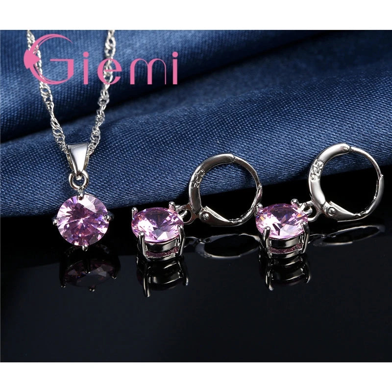 925 Sterling Silver Pendant Necklace Earrings For Women Engagement Fashion Jewelry Set Trendy Austrian Crystal Wholesale