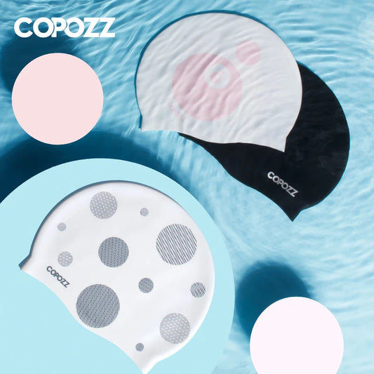 Copozz Elastic Silicon Rubber Waterproof Protect Ears Long Hair Sports Swim Pool Hat Large Size Swimming Cap for Men Women Adult