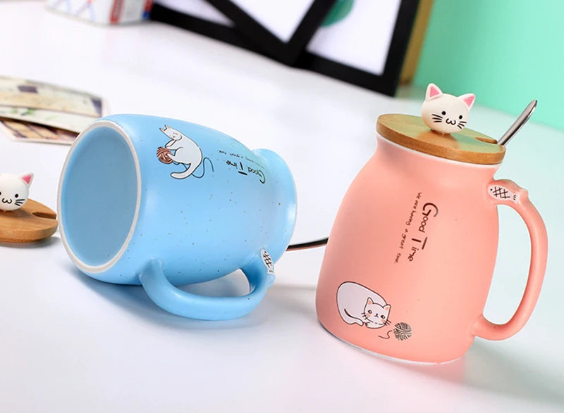 Taza creativa resistente al calor con forma de gato de colores, taza de dibujos animados de 450 ml con tapa, taza de cerámica para café con gatito, taza para niños, taza para beber de oficina, regalo