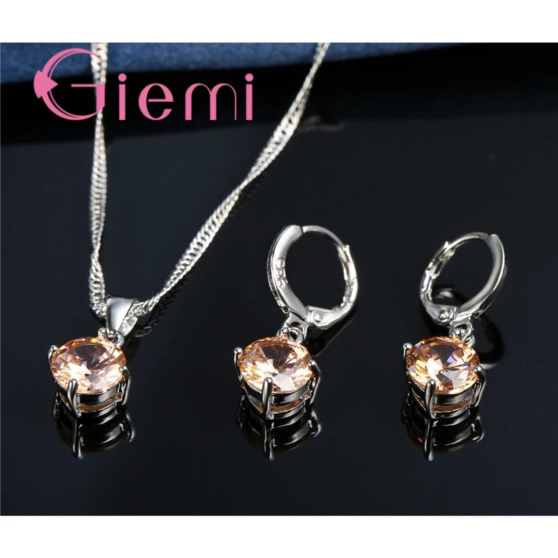 925 Sterling Silver Pendant Necklace Earrings For Women Engagement Fashion Jewelry Set Trendy Austrian Crystal Wholesale