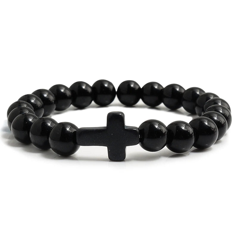 Charm Natural Stone Bracelet Cross Black Lava Matte Beaded Bracelets Handmade Men Women Prayer Fitness Chain Couple Jewelry Gift