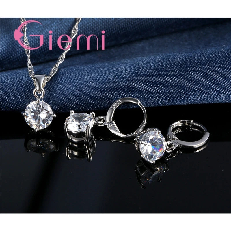 925 Sterling Silver Pendant Necklace Earrings For Women Engagement Fashion Jewelry Set Trendy Austrian Crystal Wholesale