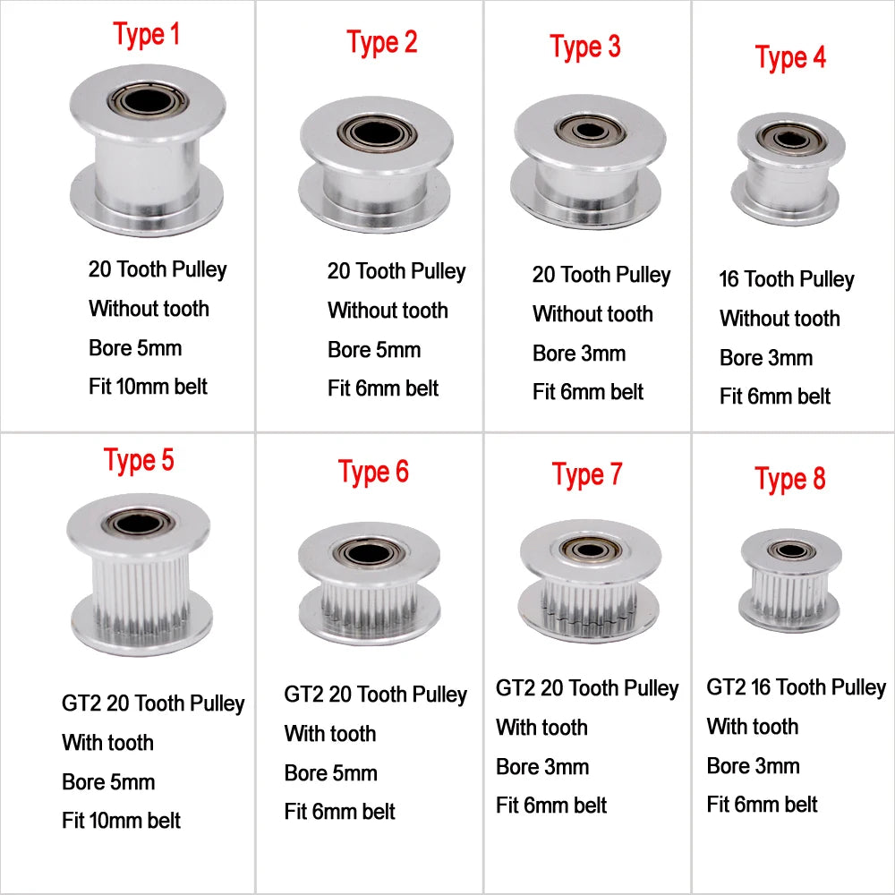 GT2 Idler Timing Pulley 16-tooth 20-Teeth with 3mm or 5mm Bore with Bearings for 3D Printer Parts Timing Belt 6mm 10mm