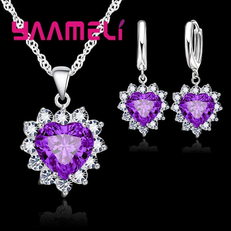 Trendy 925 Sterling Silver Jewelry Set for Women Heart CZ Stone Charm Pendants Necklaces Earrings LOVE Anniversary Gift