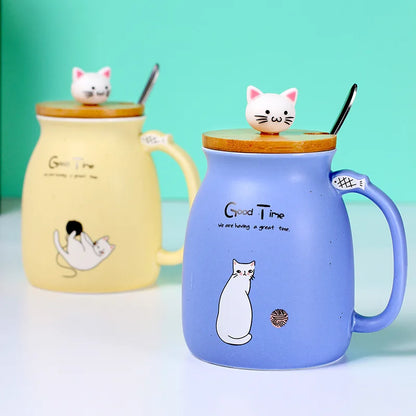 Taza creativa resistente al calor con forma de gato de colores, taza de dibujos animados de 450 ml con tapa, taza de cerámica para café con gatito, taza para niños, taza para beber de oficina, regalo