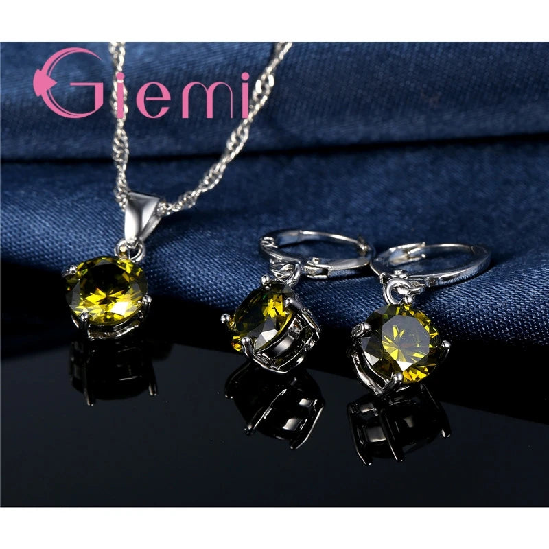 925 Sterling Silver Pendant Necklace Earrings For Women Engagement Fashion Jewelry Set Trendy Austrian Crystal Wholesale