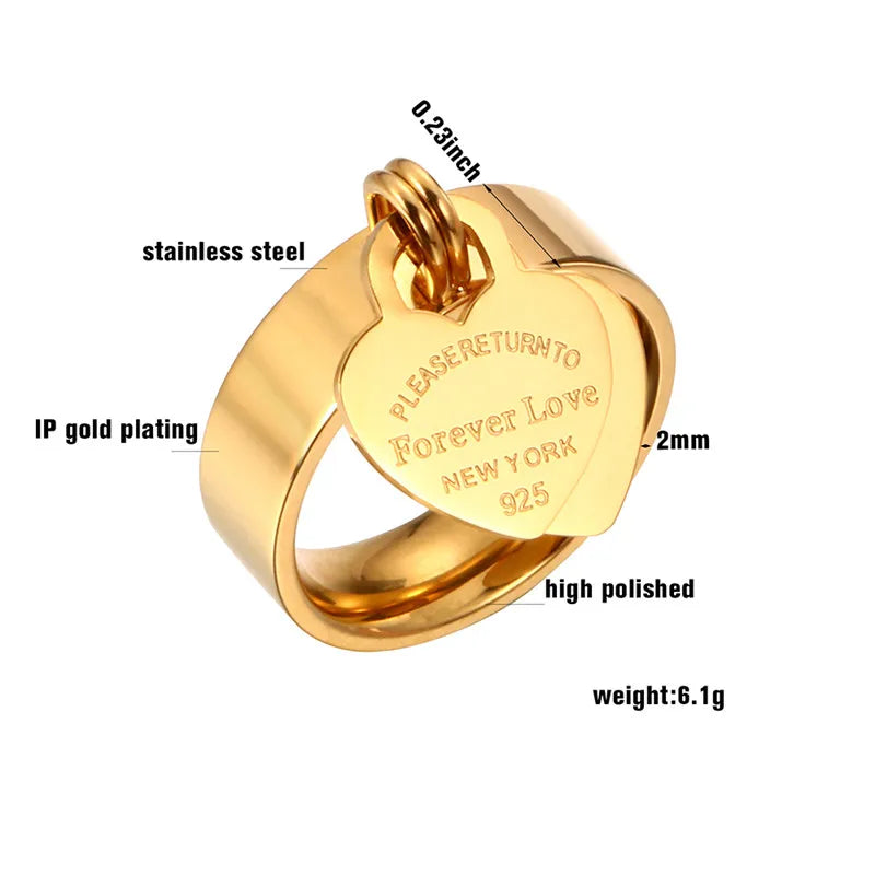 Rose Gold Color Girl Women Ring Stainless Steel Charm Finger Rings Sweet Heart Trendy Female Ring Jewelry Gift Multi-size