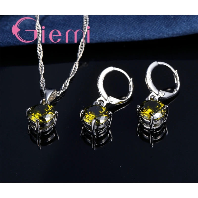 925 Sterling Silver Pendant Necklace Earrings For Women Engagement Fashion Jewelry Set Trendy Austrian Crystal Wholesale