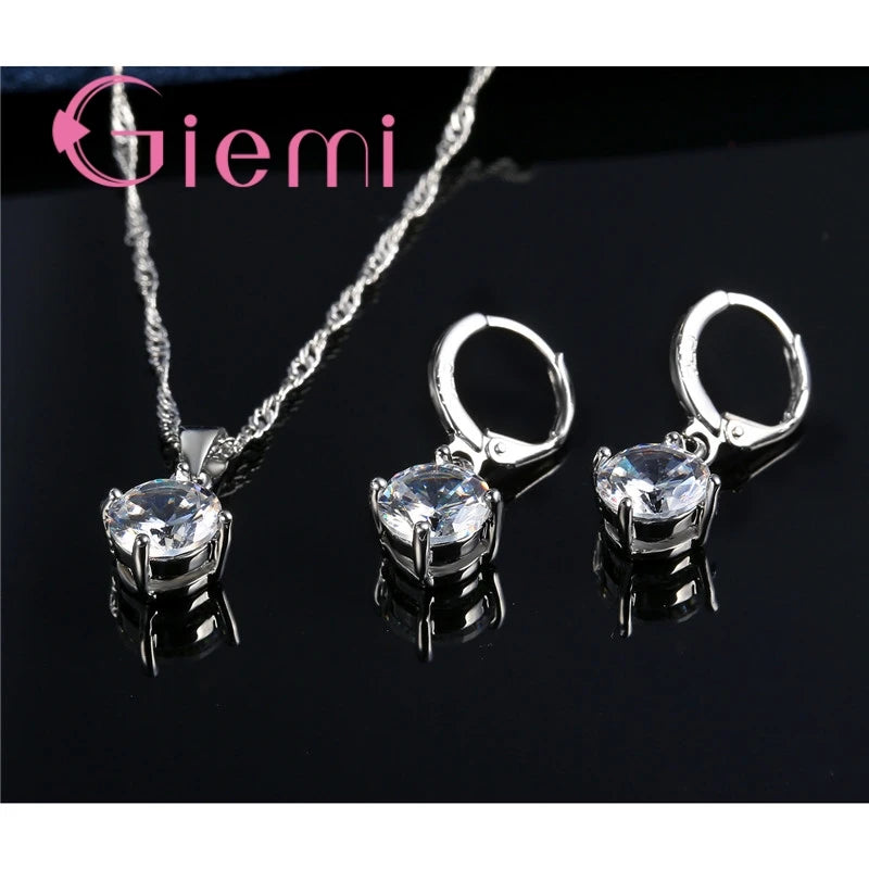 925 Sterling Silver Pendant Necklace Earrings For Women Engagement Fashion Jewelry Set Trendy Austrian Crystal Wholesale