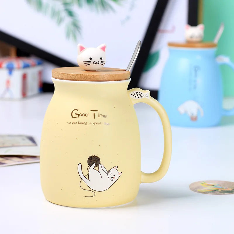 Creative color cat heat-resistant Mug cartoon with lid 450ml cup kitten coffee ceramic mugs children cup office Drinkware gift