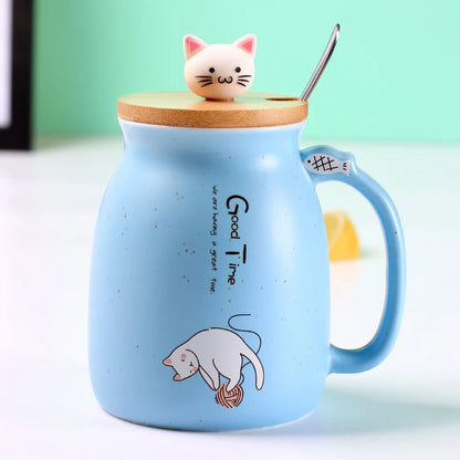 Taza creativa resistente al calor con forma de gato de colores, taza de dibujos animados de 450 ml con tapa, taza de cerámica para café con gatito, taza para niños, taza para beber de oficina, regalo