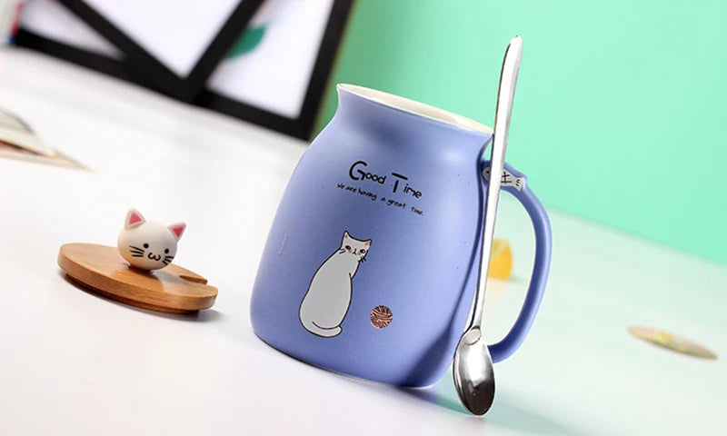 Taza creativa resistente al calor con forma de gato de colores, taza de dibujos animados de 450 ml con tapa, taza de cerámica para café con gatito, taza para niños, taza para beber de oficina, regalo