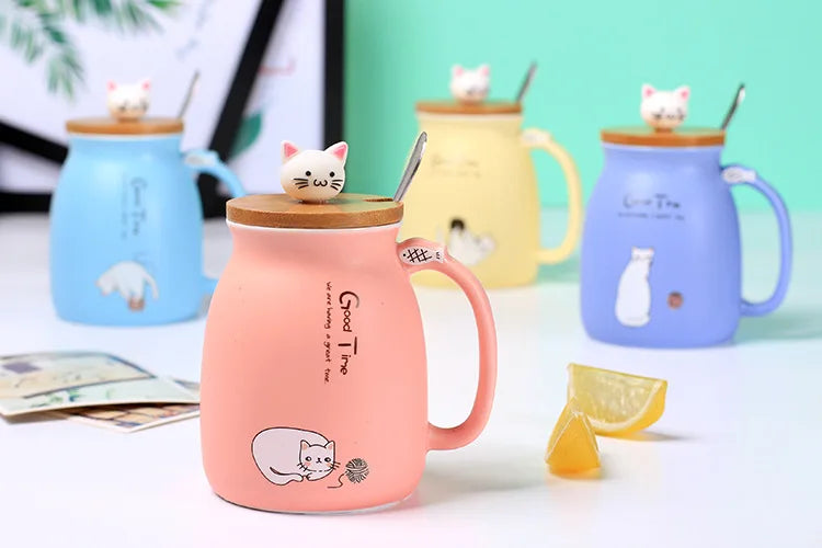 Taza creativa resistente al calor con forma de gato de colores, taza de dibujos animados de 450 ml con tapa, taza de cerámica para café con gatito, taza para niños, taza para beber de oficina, regalo