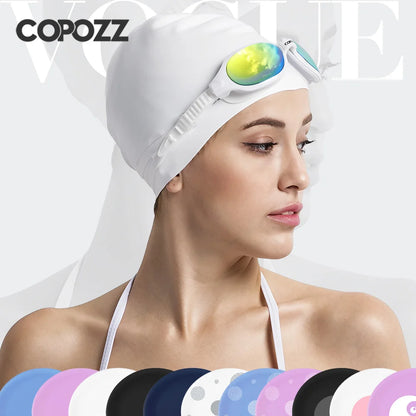 Copozz Elastic Silicon Rubber Waterproof Protect Ears Long Hair Sports Swim Pool Hat Large Size Swimming Cap for Men Women Adult