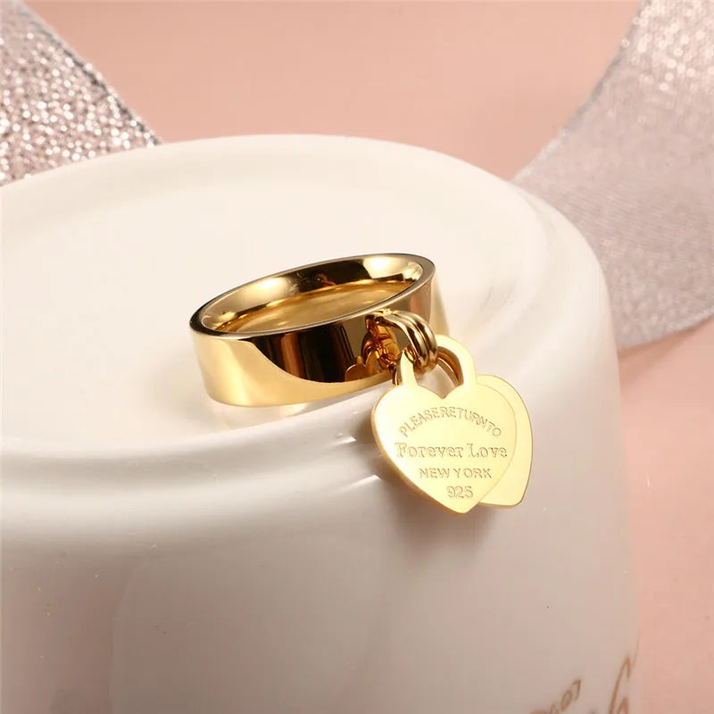 Rose Gold Color Girl Women Ring Stainless Steel Charm Finger Rings Sweet Heart Trendy Female Ring Jewelry Gift Multi-size