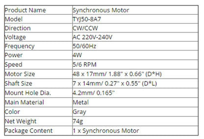 AC 220-240V 4W 6RPM 48mm Dia Micro Synchronous Motor for Warm Air Blower 50/60Hz CW/CCW TYJ50-8A7 Microwave Oven Tray Motor