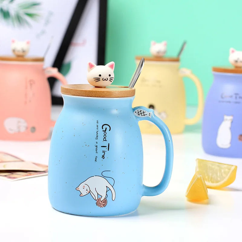 Taza creativa resistente al calor con forma de gato de colores, taza de dibujos animados de 450 ml con tapa, taza de cerámica para café con gatito, taza para niños, taza para beber de oficina, regalo