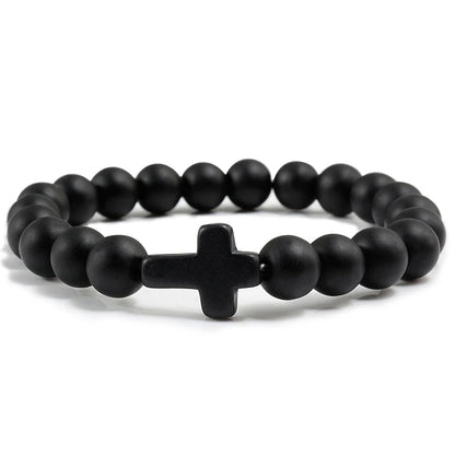 Charm Natural Stone Bracelet Cross Black Lava Matte Beaded Bracelets Handmade Men Women Prayer Fitness Chain Couple Jewelry Gift