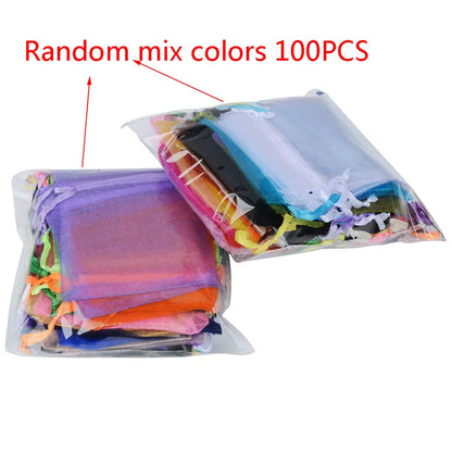 100pcs 24 Colors Jewelry Packaging Bag 5*7 7*9 9*12 10*15cm Organza Bags Gift Storage Wedding Drawstring Pouches Wholesales