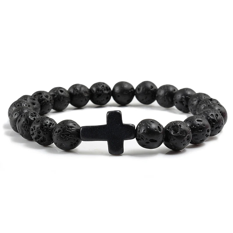 Pulsera de piedra natural con dijes, pulseras de cuentas de lava negra mate hechas a mano para hombres y mujeres, cadena de oración para fitness, joyería para parejas, regalo