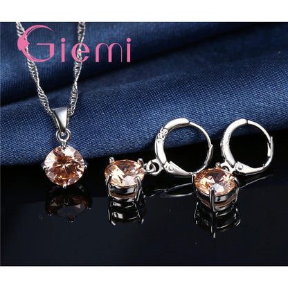 925 Sterling Silver Pendant Necklace Earrings For Women Engagement Fashion Jewelry Set Trendy Austrian Crystal Wholesale