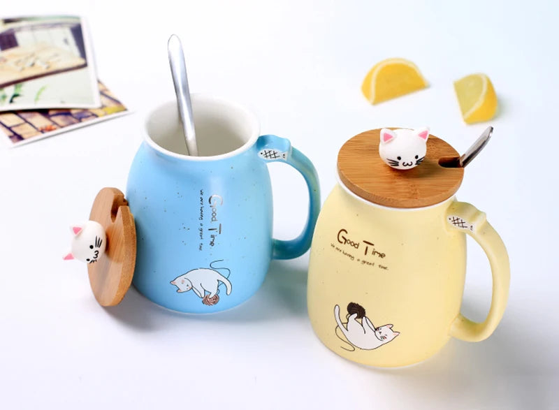 Taza creativa resistente al calor con forma de gato de colores, taza de dibujos animados de 450 ml con tapa, taza de cerámica para café con gatito, taza para niños, taza para beber de oficina, regalo