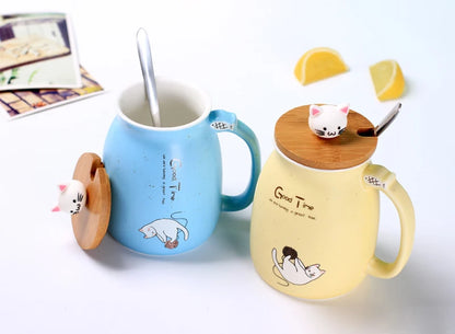 Creative color cat heat-resistant Mug cartoon with lid 450ml cup kitten coffee ceramic mugs children cup office Drinkware gift