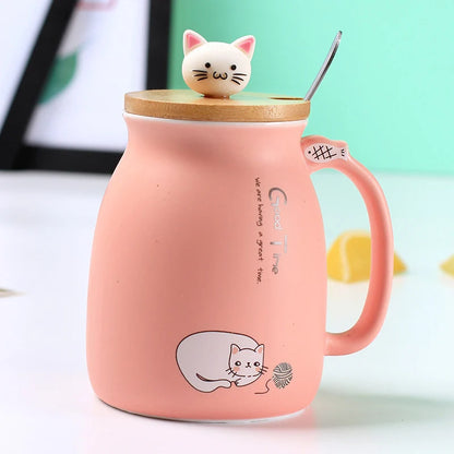 Taza creativa resistente al calor con forma de gato de colores, taza de dibujos animados de 450 ml con tapa, taza de cerámica para café con gatito, taza para niños, taza para beber de oficina, regalo