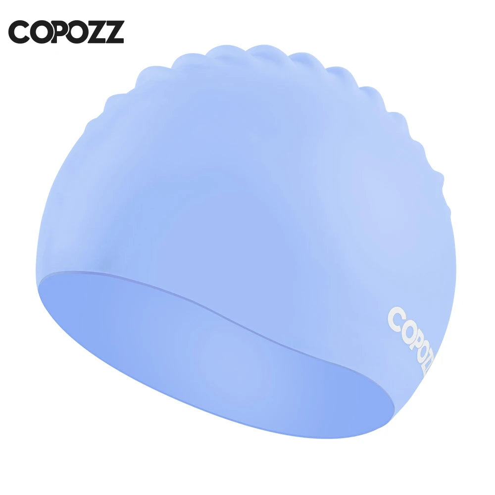 Copozz Elastic Silicon Rubber Waterproof Protect Ears Long Hair Sports Swim Pool Hat Large Size Swimming Cap for Men Women Adult