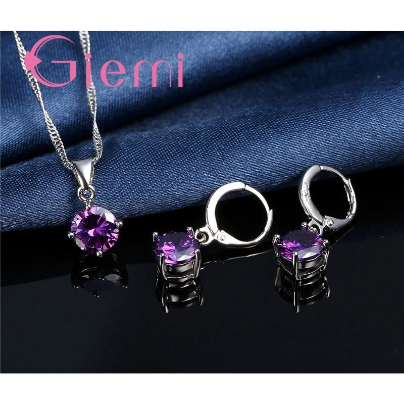 925 Sterling Silver Pendant Necklace Earrings For Women Engagement Fashion Jewelry Set Trendy Austrian Crystal Wholesale