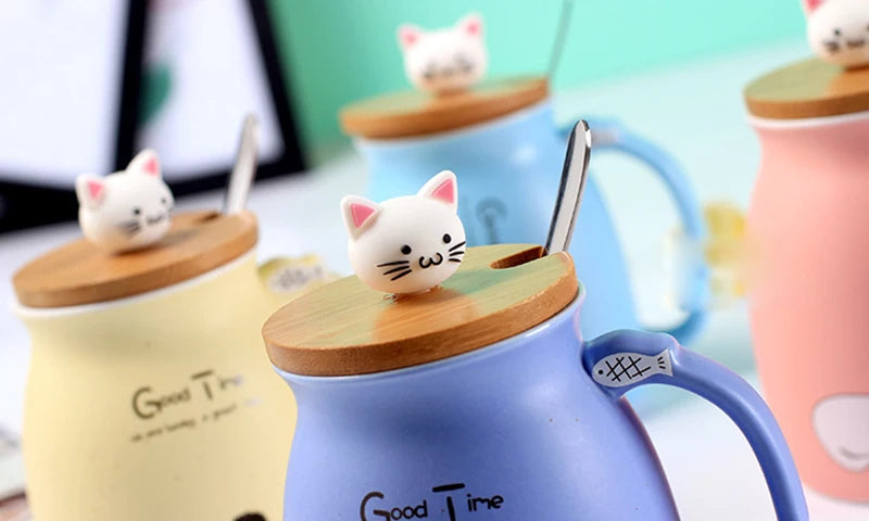 Creative color cat heat-resistant Mug cartoon with lid 450ml cup kitten coffee ceramic mugs children cup office Drinkware gift