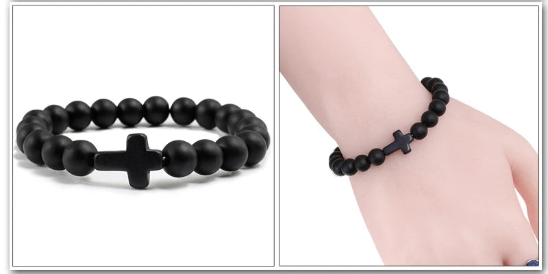 Charm Natural Stone Bracelet Cross Black Lava Matte Beaded Bracelets Handmade Men Women Prayer Fitness Chain Couple Jewelry Gift