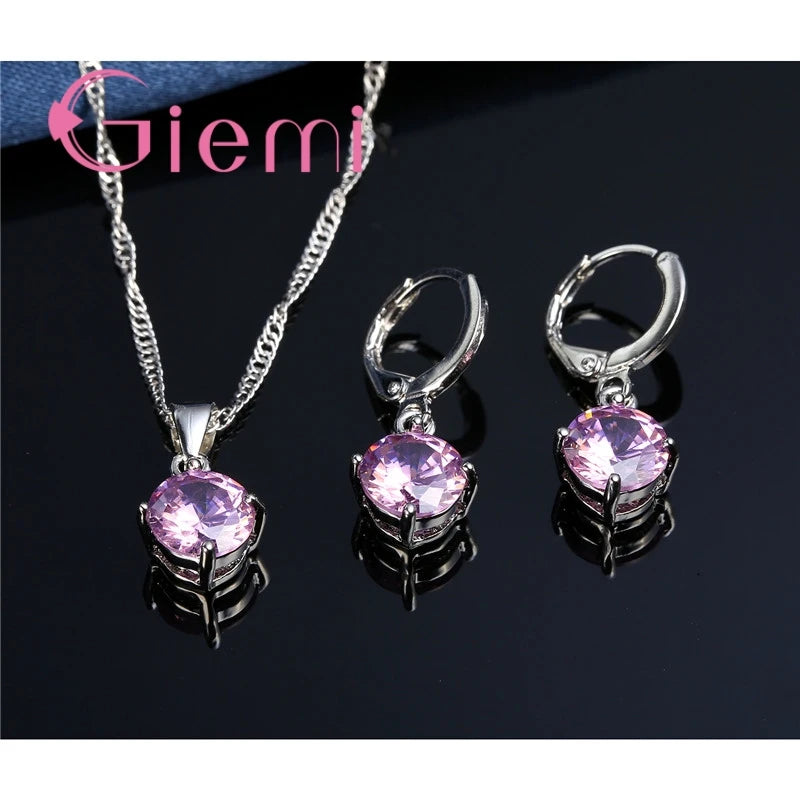 925 Sterling Silver Pendant Necklace Earrings For Women Engagement Fashion Jewelry Set Trendy Austrian Crystal Wholesale